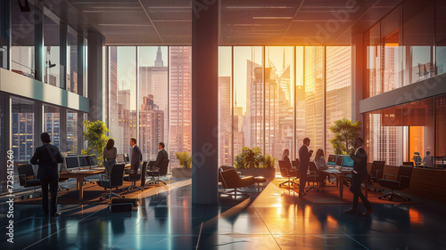 A digital rendering of corporate professionals in a high-rise office with panoramic windows.