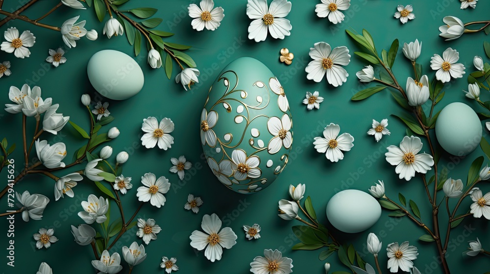 flatlay of easter egg on the green background flatlay of easter egg on the green background