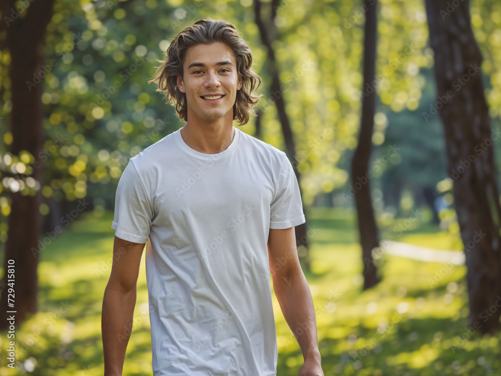White short sleeves T-shirt mockup on a young guy, park and nature background summer White short sleeves T-shirt mockup on a young guy, park and nature background summer