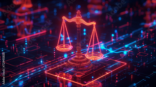 A 3D rendering of a traditional justice scale against a backdrop of neon circuit lines and digital particles, symbolizing law in the age of technology.