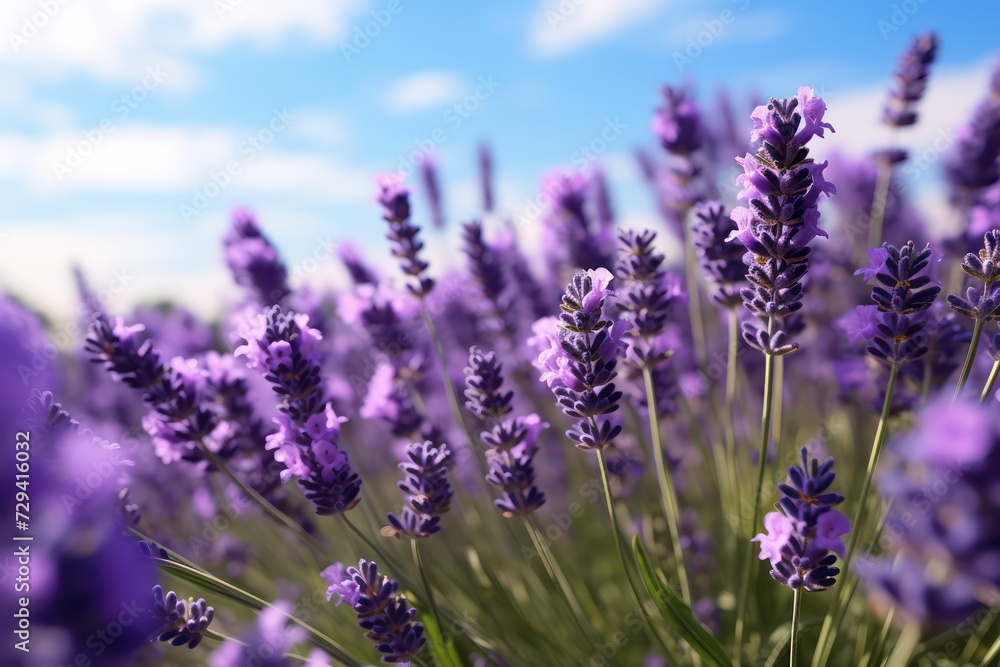 Naklejka premium A captivating view of vibrant lavender flowers basking in the warm glow of the setting sun