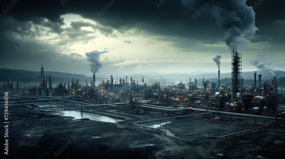 Smoke rises from the smokestacks of an expansive industrial complex and refinery.