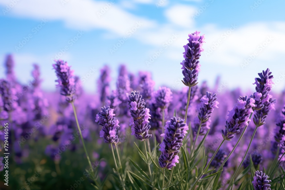 A captivating view of vibrant lavender flowers basking in the warm glow of the setting sun
