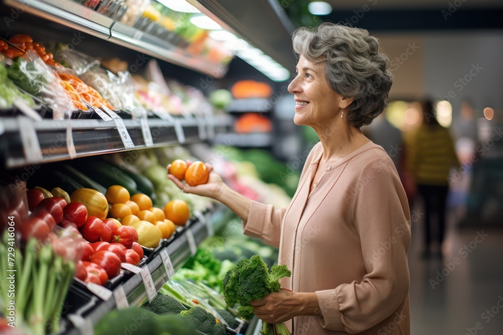 Side View of older Women Choosing Fresh Fruits and Vegetables in Supermarket.