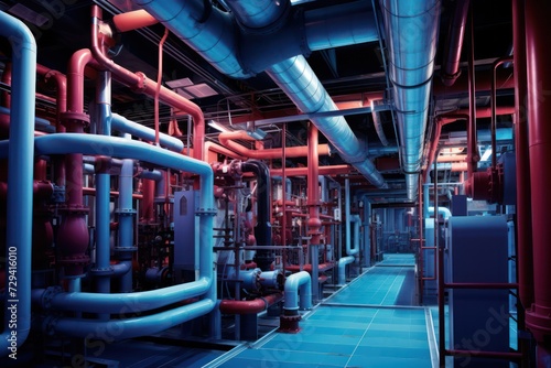 A complex network of industrial pipelines and valves in a modern manufacturing plant © pkproject