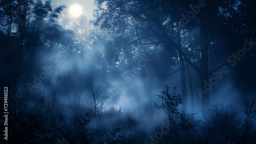 A glade bathed in moonlight and enveloped in dense fog, with gentle moonbeams piercing through to cast a mystical glow on the moist forest floor.