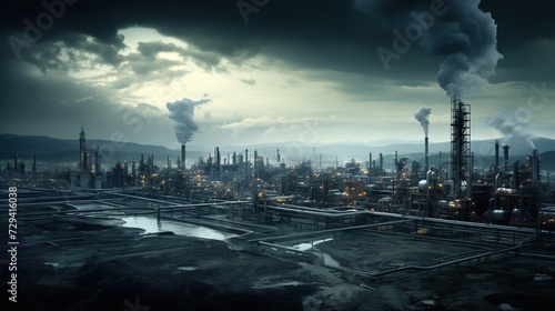 Smoke rises from the smokestacks of an expansive industrial complex and refinery.