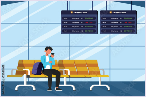 Happy people traveling at airport. Concept of passenger activities at the airport. Colored flat vector illustration isolated.	