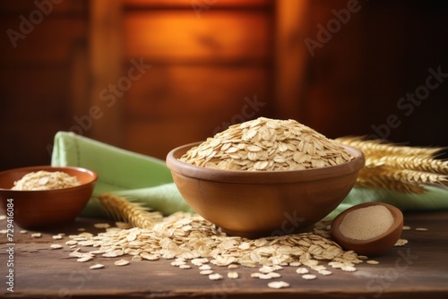Uncooked whole oats in wooden bowls with a spoon, set on a warm, rustic wooden kitchen table