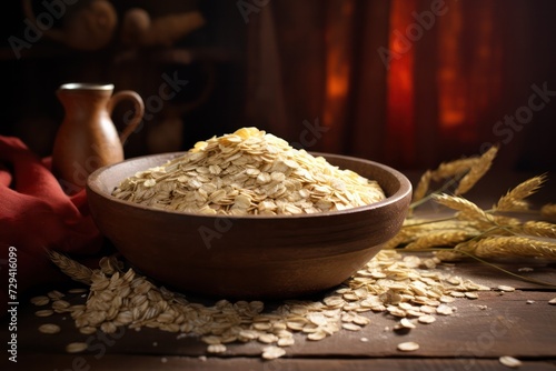 Uncooked whole oats in wooden bowls with a spoon, set on a warm, rustic wooden kitchen table