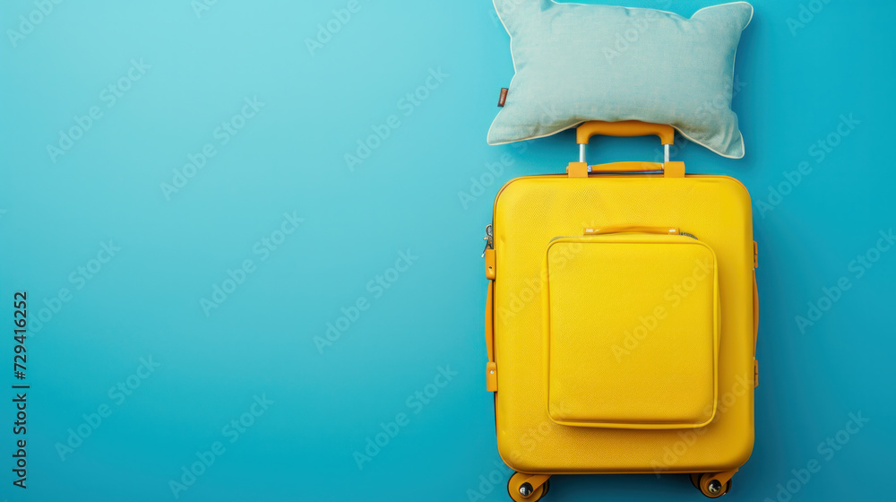Fototapeta premium Travel suitcase on blue background