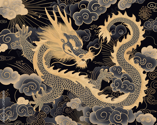 Dragon Illustration in the Traditional Chinese Painting Style, Monochrome with Shades of Grey and Cream. An Elegant and Timeless Representation of the Mythical Creature