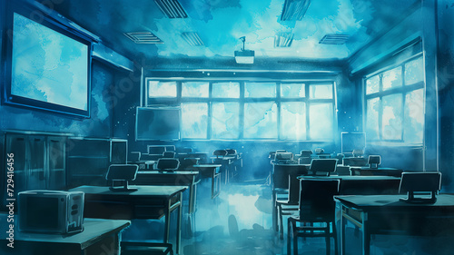 A watercolor representation of a forward-looking classroom  filled with sophisticated technological devices  predominantly in shades of cyan  highlighting a cutting-edge educational environment.