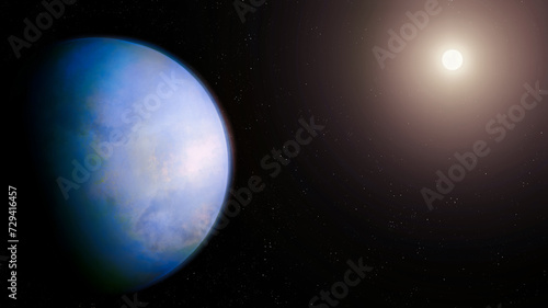 Planet and star in deep space. Super-Earth with ocean. Sunrise on a blue Earth-like planet.