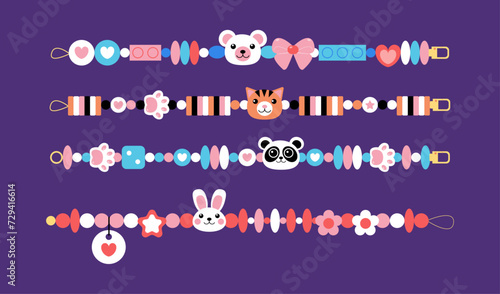Retro friendship beads bracelets set with animals. Catoon cute bunny, rabbit, panda, bear, cat accessories elements in y2k style. Vector 