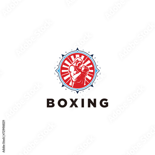 Muscular Boxer logo with boxing ring background - boxing emblem, logo design, illustration on white background