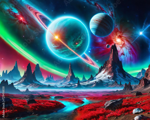Cosmic Delight - Unreal retro-futuristic digital art with celestial bodies and vibrant neon colors Gen AI photo