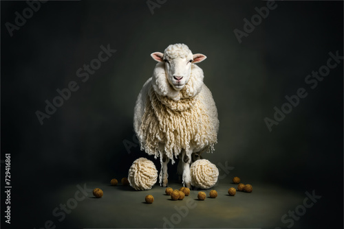 Un mouton avec de la laine tressée sur lui et des pelote à ses pieds - generative AI photo