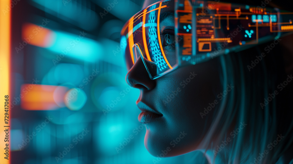 A detailed view of a person in side profile, wearing sophisticated glasses that mirror an intricate holographic display featuring schematics and flowing data. A detailed view of a person in side profile, wearing sophisticated glasses that mirror an intricate holographic display featuring schematics and flowing data.