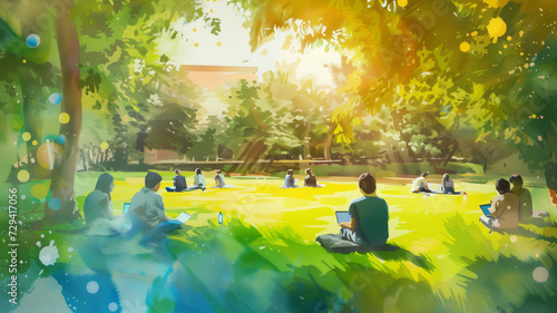 A serene watercolor landscape of an outdoor classroom in a park, with cyan-colored educational technology seamlessly integrated into nature.