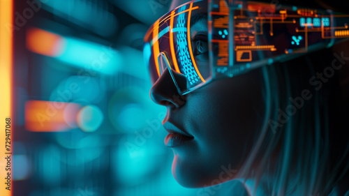 A detailed view of a person in side profile, wearing sophisticated glasses that mirror an intricate holographic display featuring schematics and flowing data.