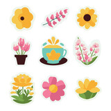  cute flat vector colorful sticker set with flowers. floral spring summer holiday design