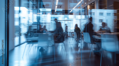 A digital rendering of corporate professionals in a high-rise office with panoramic windows.