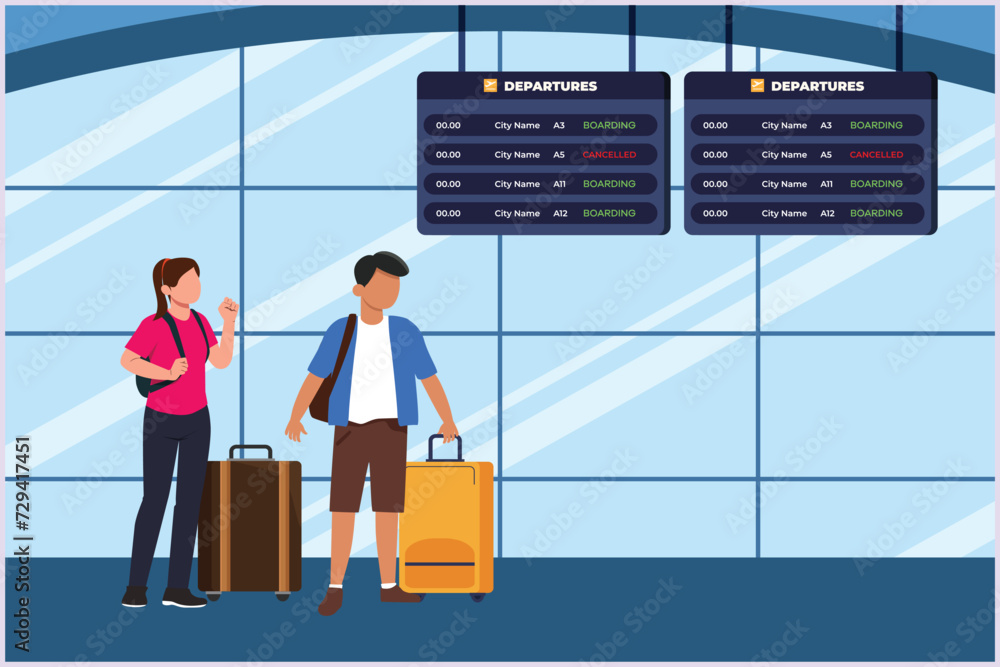 Happy people traveling at airport. Concept of passenger activities at the airport. Colored flat vector illustration isolated. Happy people traveling at airport. Concept of passenger activities at the airport. Colored flat vector illustration isolated.