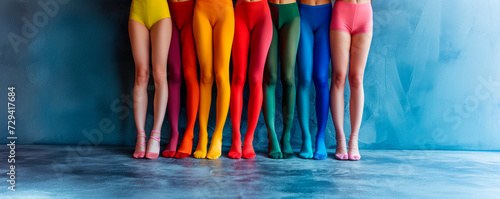 Teenage legs in multi-colored tights and shorts at the blue background, banner, copy space. Consepts: diversity, community, fashion, individuality, dance school, ballet photo