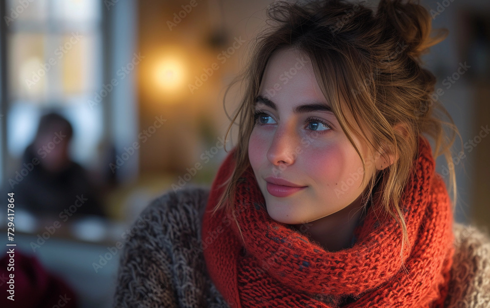 Woman Wearing Red Scarf and Gray Sweater Woman Wearing Red Scarf and Gray Sweater