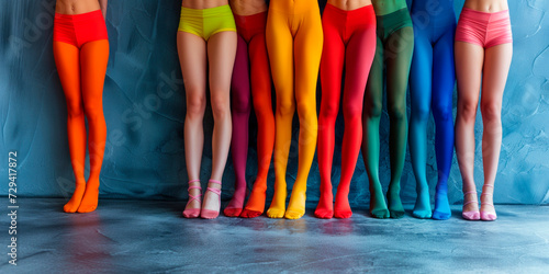 Teenage legs in multi-colored tights and shorts at the blue background. Consepts: diversity, community, fashion, individuality, dance school, ballet photo