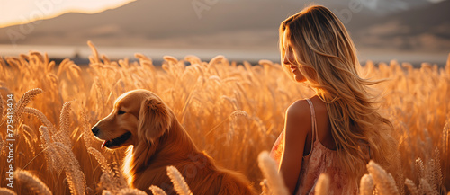 woman and golden retreiver dog in the field of corn at sunset. A heartwarming scean of beauty. photo