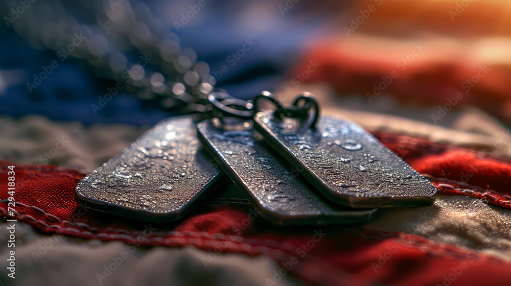 Dog Tags on American Flag, Close-up of military dog tags resting on the ...