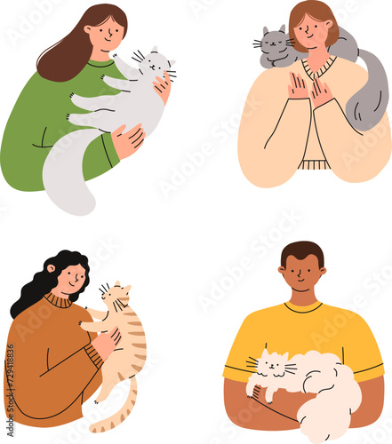 Pet owners set. People are holding cute cats in their hands. Flat vector illustration.