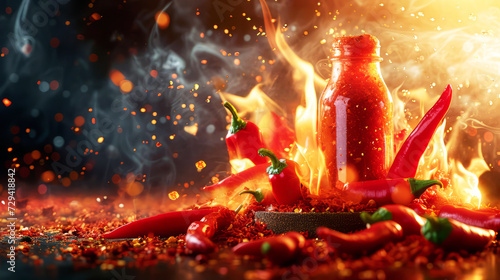 Explosive Hot Chili Pepper and Spice Mix, A dynamic scene with a bottle of spicy chili powder and fresh chili peppers surrounded by flames and fiery sparks. photo