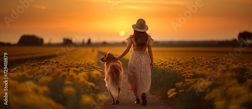 Back view of a woman in a field of flowers with her labrador dog at sunset, wearing a summer dress and hat. 