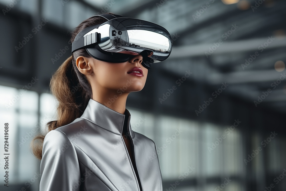 Business woman in formal suit using vr device goggle virtual reality ai experience planing and stretegy process work plan in office Business woman in formal suit using vr device goggle virtual reality ai experience planing and stretegy process work plan in office