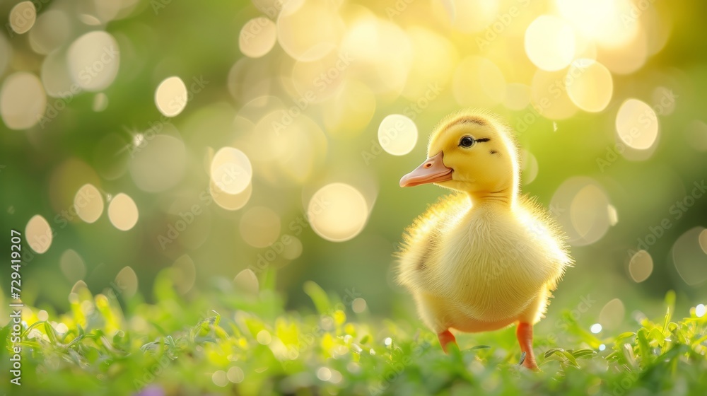 Small newborn ducklings walking on backyard on green grass. Yellow cute duckling running on meadow field in sunny day. Banner or panoramic shot with duck chick on grass. Small newborn ducklings walking on backyard on green grass. Yellow cute duckling running on meadow field in sunny day. Banner or panoramic shot with duck chick on grass.