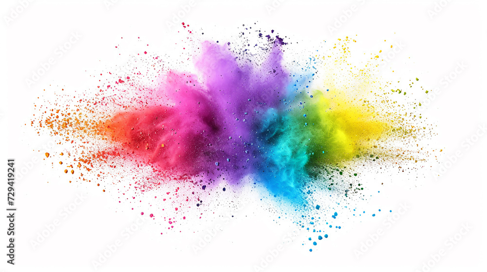 Colorful rainbow Holi powder paints explosion on a white background. Abstract background.
