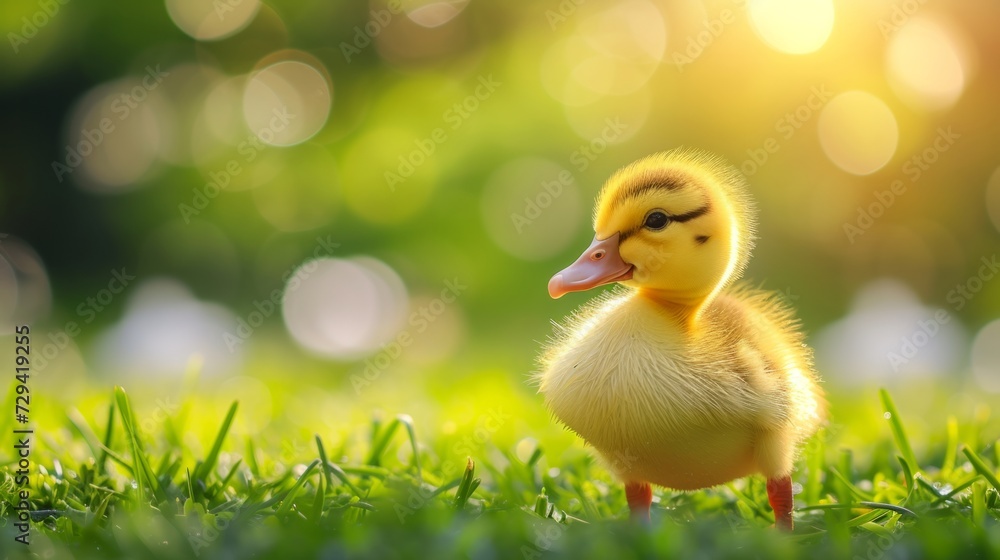 Small newborn ducklings walking on backyard on green grass. Yellow cute duckling running on meadow field in sunny day. Banner or panoramic shot with duck chick on grass. Small newborn ducklings walking on backyard on green grass. Yellow cute duckling running on meadow field in sunny day. Banner or panoramic shot with duck chick on grass.