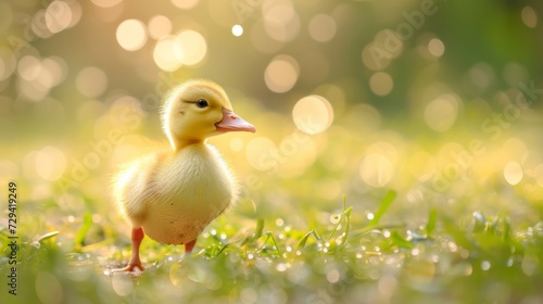 Small newborn ducklings walking on backyard on green grass. Yellow cute duckling running on meadow field in sunny day. Banner or panoramic shot with duck chick on grass. © Nataliya