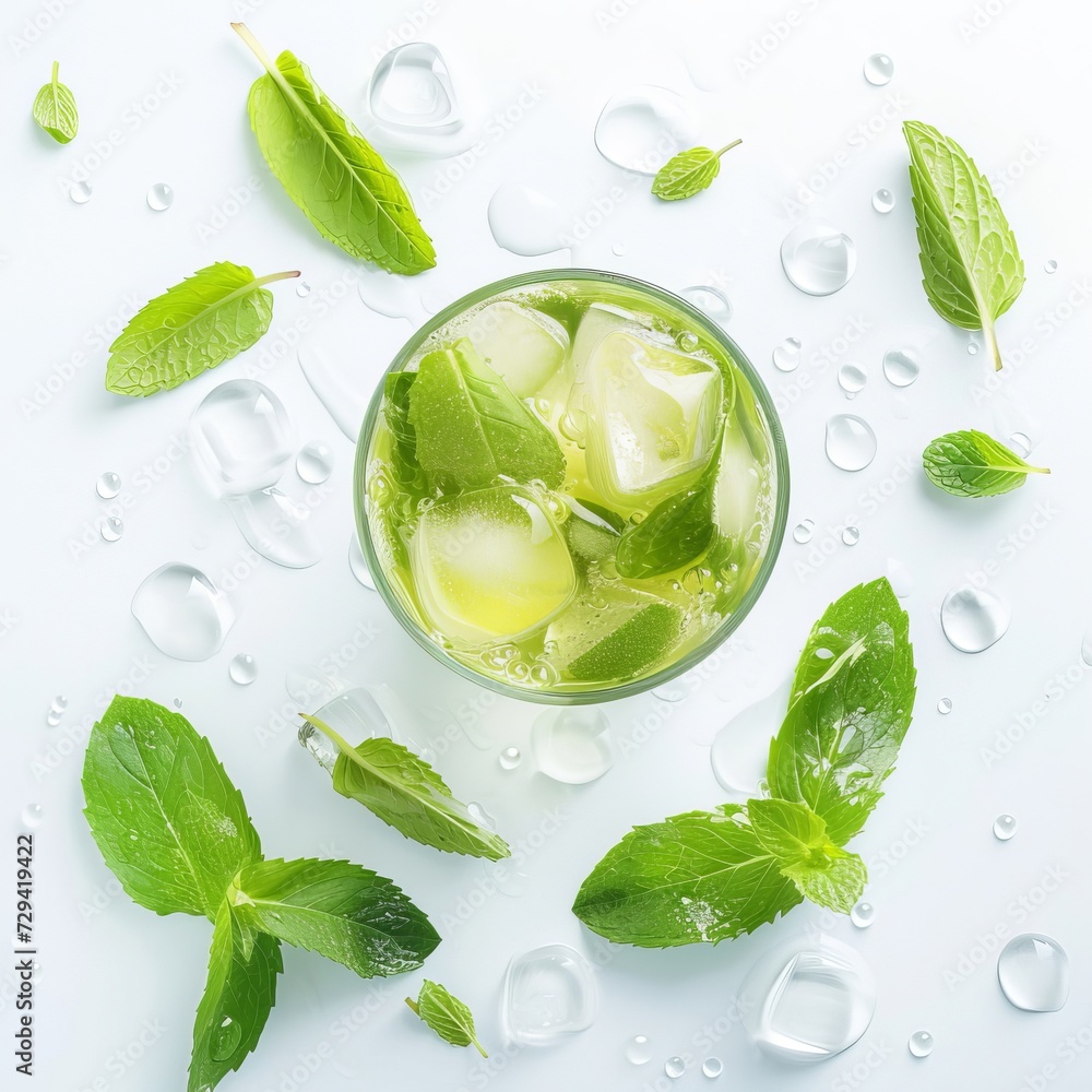 Obraz premium Refreshing Glass of Ice and Mint Leaves