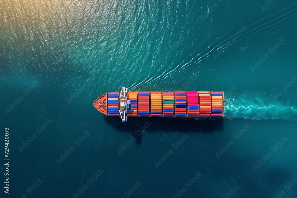 Aerial view of a container cargo ship in the sea Representing the global scale of maritime trade and the vital role of shipping in international commerce - obrazy, fototapety, plakaty 