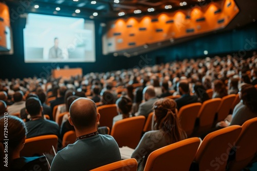 Audience attentively engaged at a conference hall Focusing on the speaker during a business event Symbolizing the importance of communication Learning And professional development in a corporate setti