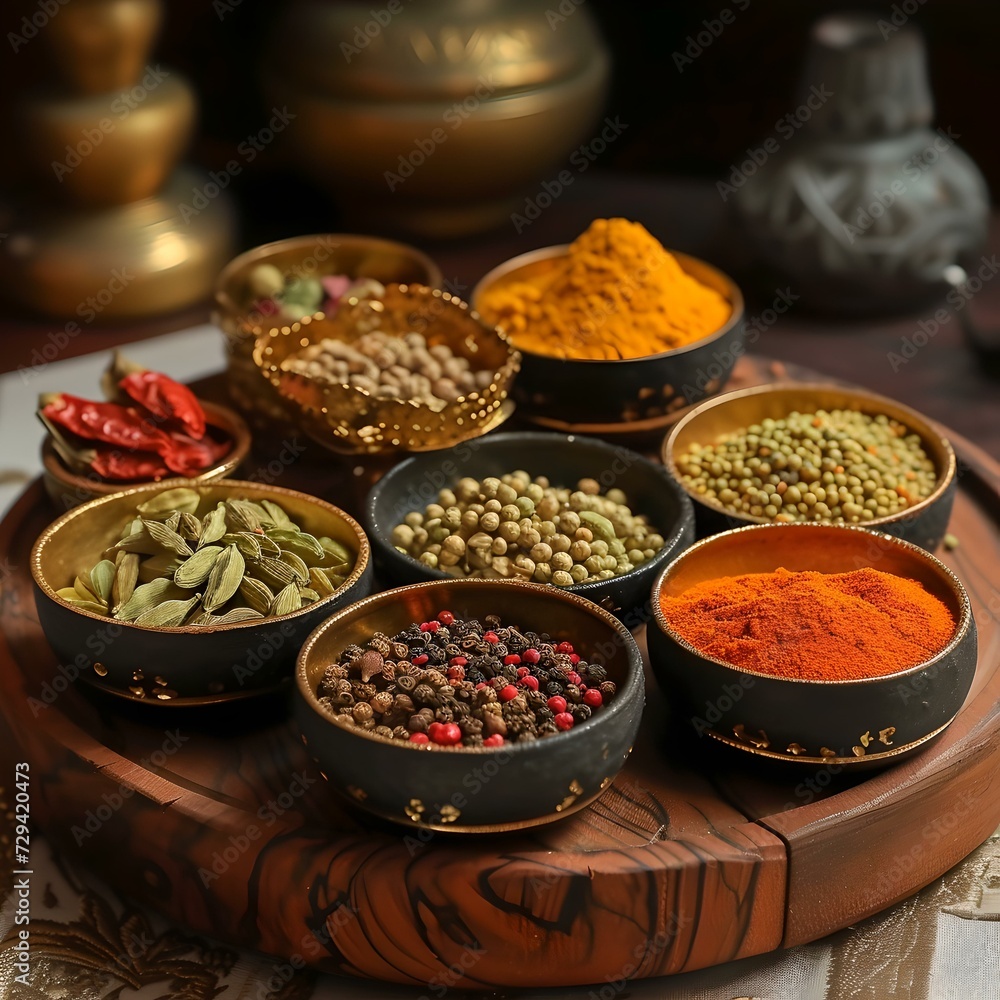 Assortment of exotic spices in bowls on a carved wooden tray. culinary ingredients for flavor. traditional seasoning. kitchen still life. rustic food preparation scene. AI