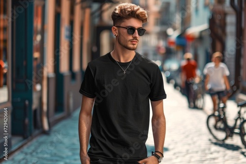 Casual yet stylish young male model in a black t-shirt mockup Effortlessly posing on a city street Providing a perfect template for design and print
