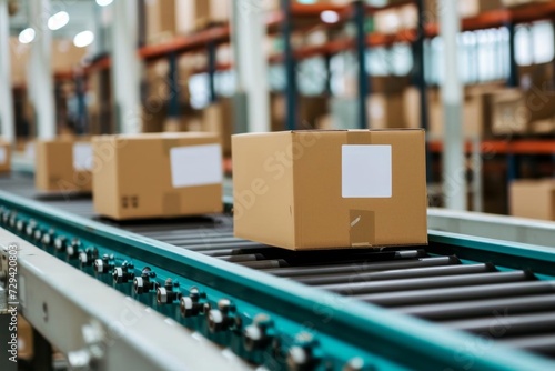 Closeup of cardboard box packages on a conveyor belt in a warehouse fulfillment center Depicting the efficiency of e-commerce Delivery services And automated product handling