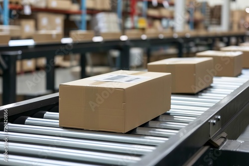 Closeup of cardboard box packages on a conveyor belt in a warehouse fulfillment center Depicting the efficiency of e-commerce Delivery services And automated product handling © Bijac