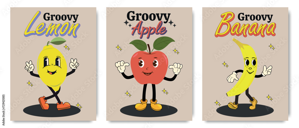 Vector collection of bright, groovy 70s posters. Retro posters with funny cartoon characters. Cartoon lemon, apple and banana in a groovy style.