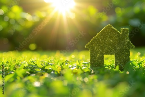 Conceptual representation of a green home and environmentally friendly construction Featuring a house icon on a lush green lawn With the sun shining overhead Symbolizing sustainability and eco-conscio
